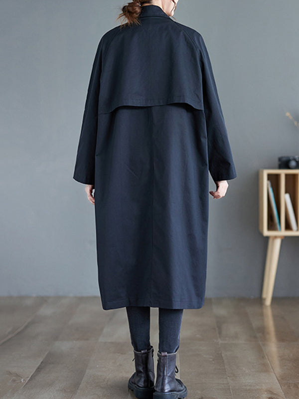 Buttoned Pockets Long Sleeves Loose Notched Collar Trench Coats