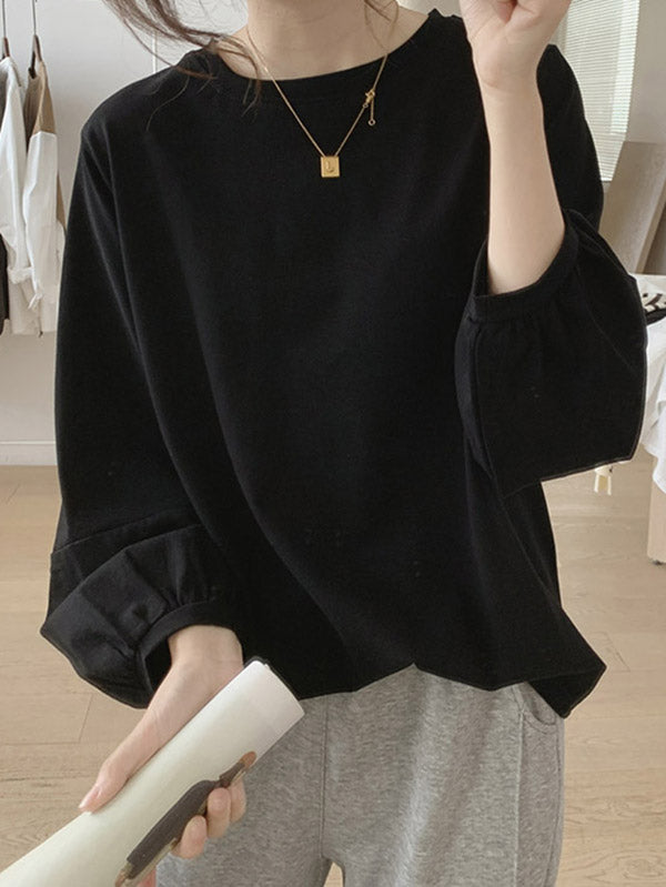 Pleated Solid Color Long Sleeves Loose Round-Neck T-Shirts Tops
