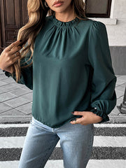 Elasticity Pleated Ruffle Trim Solid Color Long Sleeves Loose Mock Neck Blouses&Shirts Tops