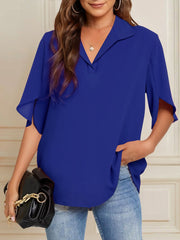 Pleated Solid Color Flared Sleeves Loose Lapel Blouses&shirts Tops