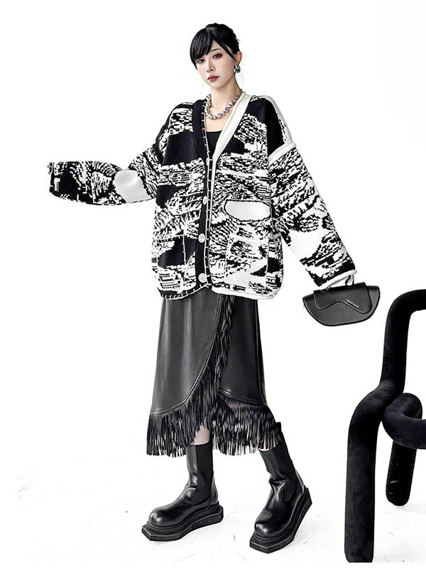 Abstract Printed Buttoned Contrast Color Pockets Split-Joint Long Sleeves Loose Collarless Outerwear Cardigan Tops