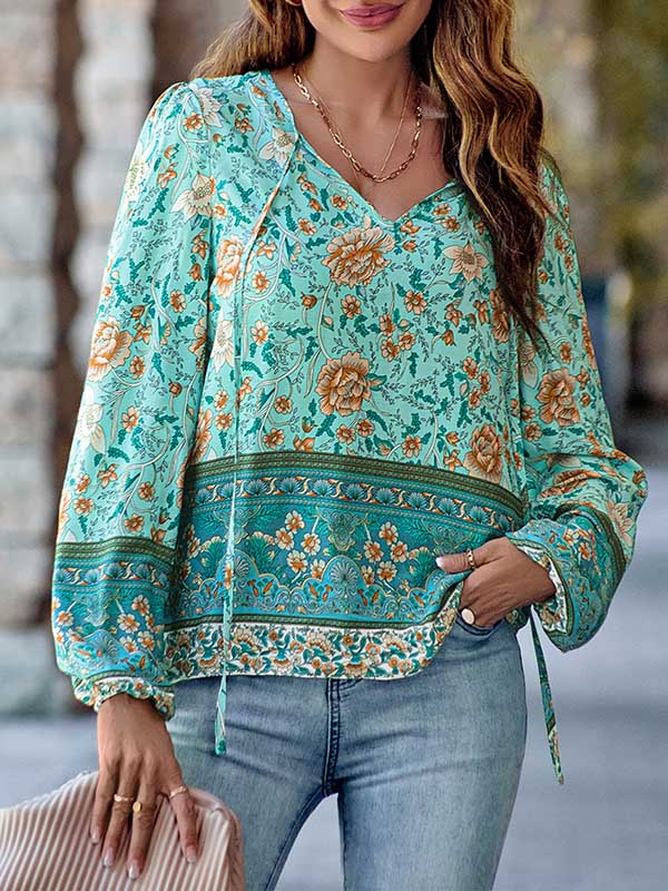 Elasticity Flower Print Tied Long Sleeves Loose V-Neck Blouses&Shirts Tops
