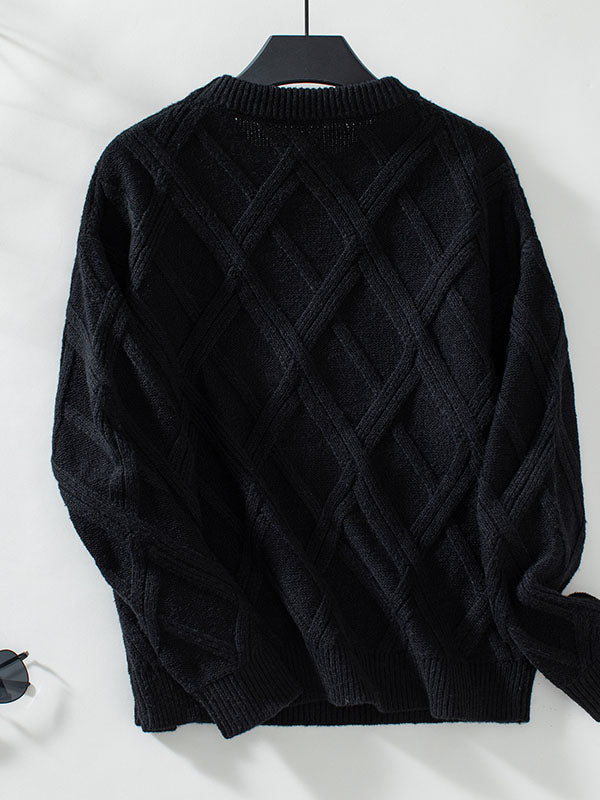 Solid Color Split-Joint Long Sleeves Loose Round-Neck Sweater Tops Pullovers