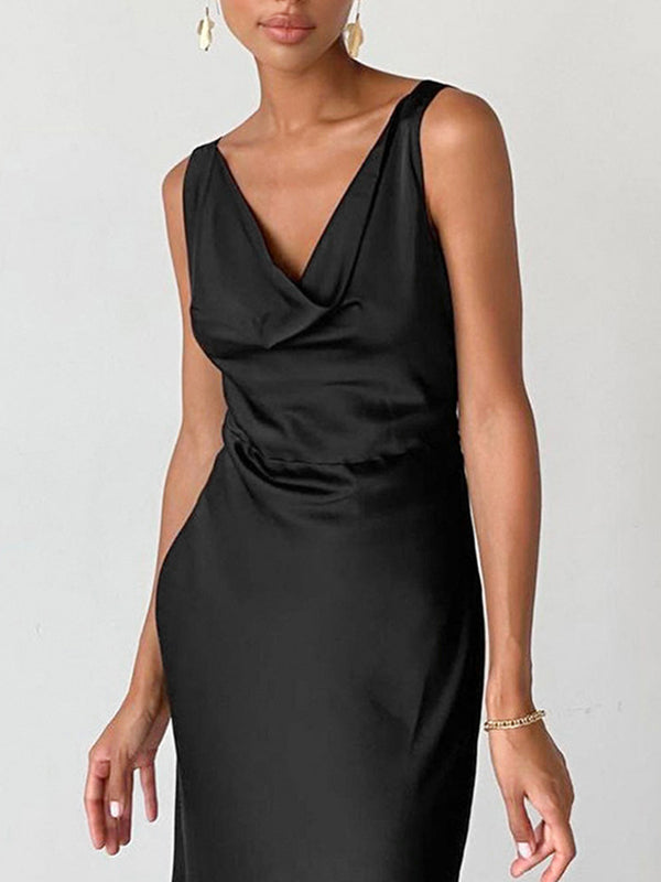Solid Color Bodycon High Waisted V-Neck Maxi Dresses
