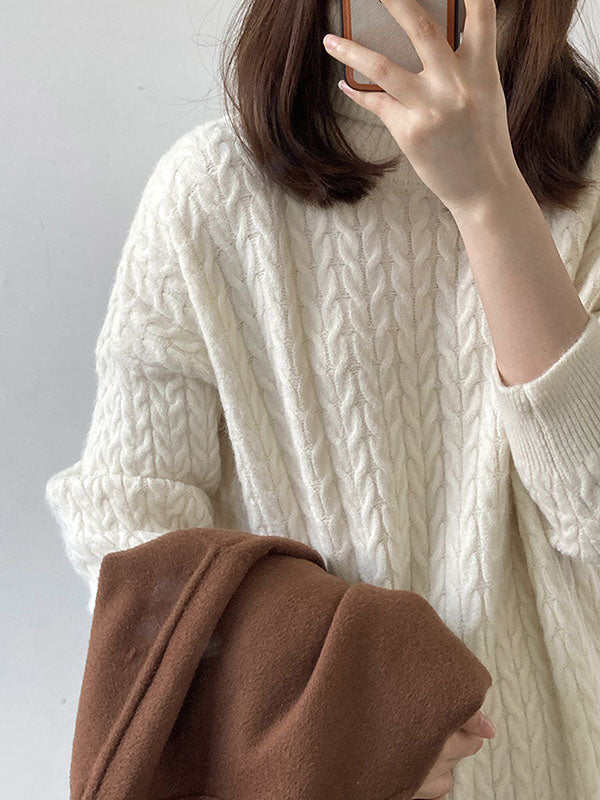 Stylish Loose Long Sleeves Solid Color High-Neck Twist Sweater Dresses