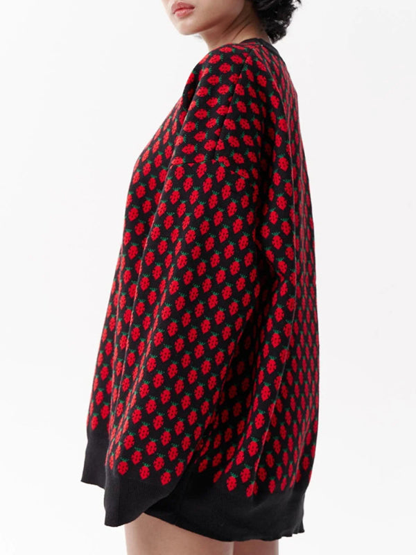 Pleated Split-Joint Long Sleeves Loose Round-Neck Sweater Tops