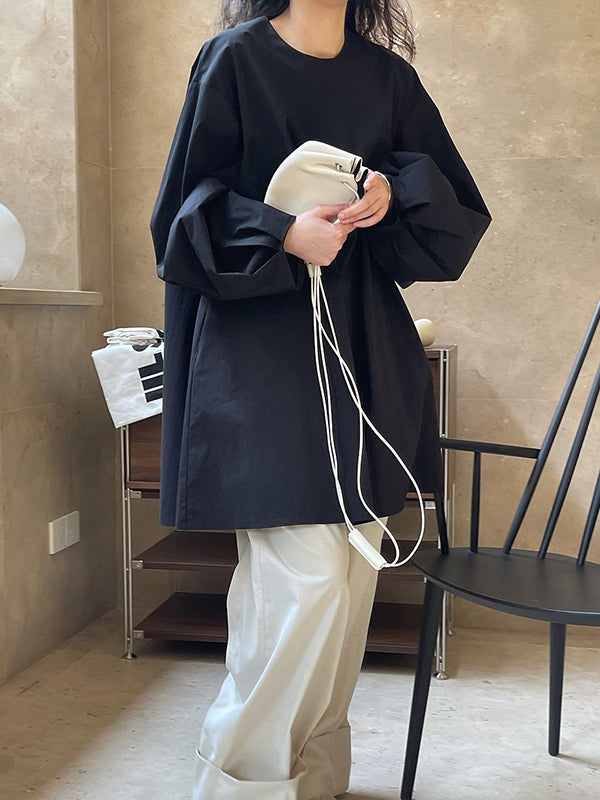 Urban Puff Sleeves Solid Color Round-Neck Mini Dress