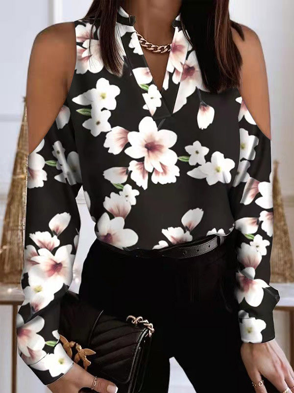 Original Creation Loose Long Sleeves Floral Printed Hollow V-Neck Blouses&Shirts Tops