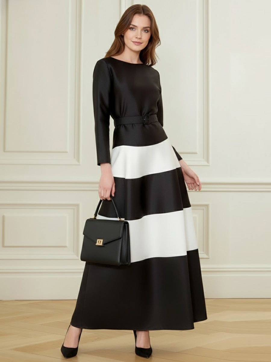 Belted Contrast Color Split-Joint A-Line Bodycon Round-Neck Maxi Dresses