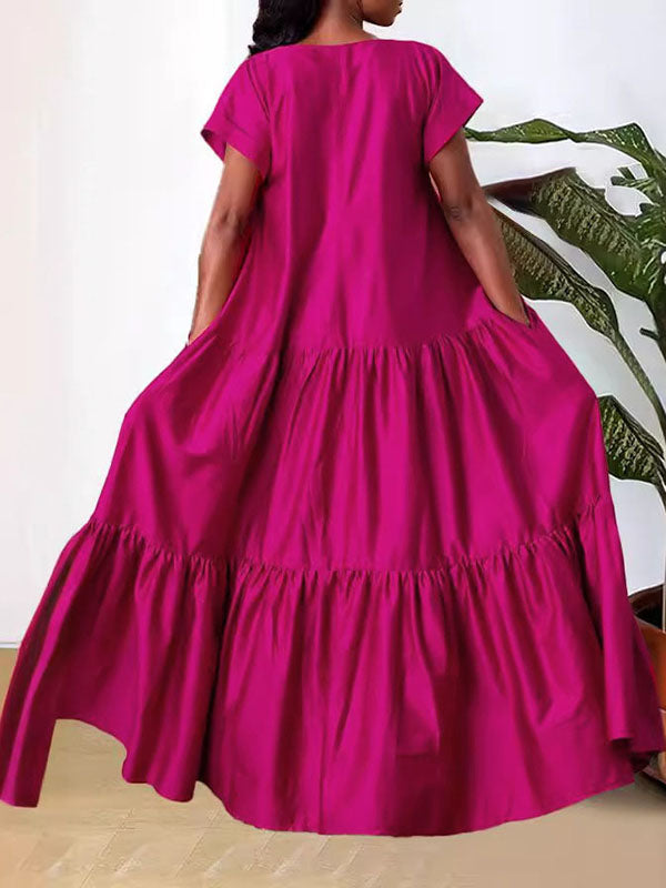 Pleated Solid Color Split-Joint A-line Loose V-neck Maxi Dresses