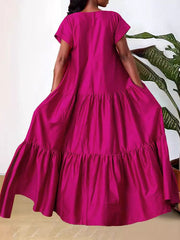 Pleated Solid Color Split-Joint A-line Loose V-neck Maxi Dresses