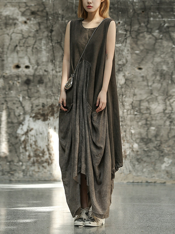 Pleated Split-Joint Loose Sleeveless Round-neck Maxi Dresses