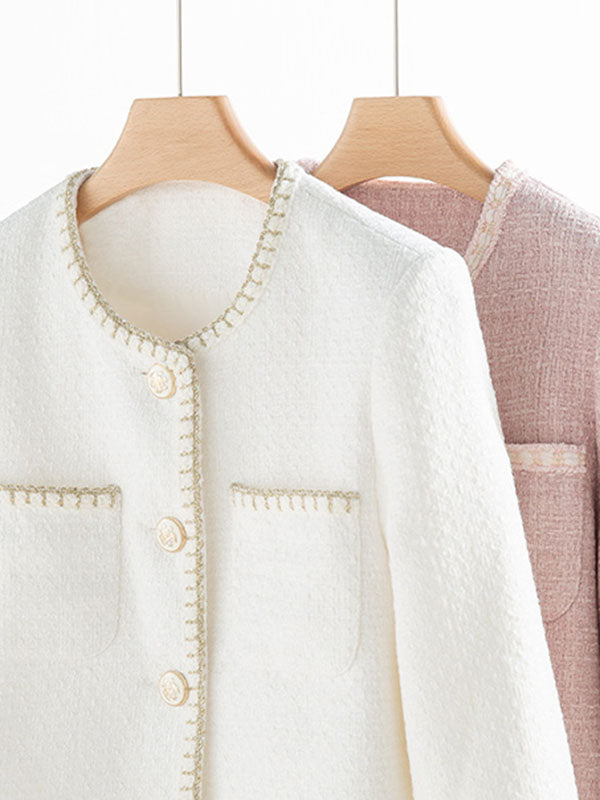 Buttoned Pockets Split-Joint Long Sleeves Loose Round-neck Outerwear