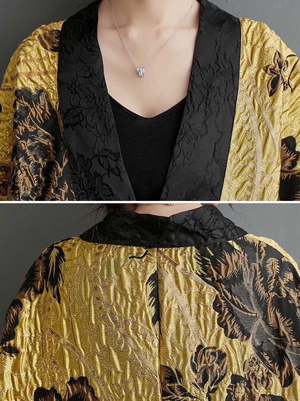 Flower-Embellished Chinese Frog Buttons Pleated Split-Joint Batwing Sleeves Loose V-Neck Outerwear