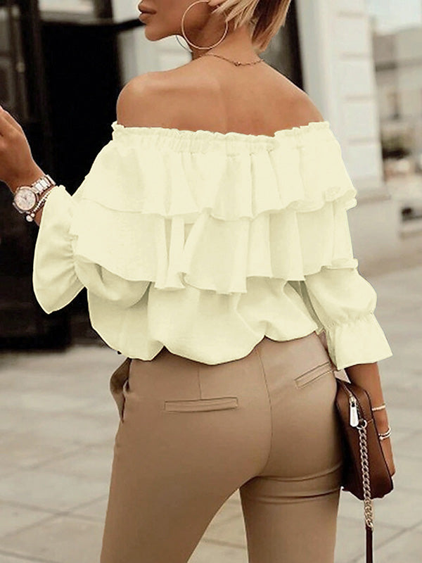 Layered Pleated Solid Color Split-Joint Tied Long Sleeves Loose Off-The-Shoulder Blouses&Shirts Tops
