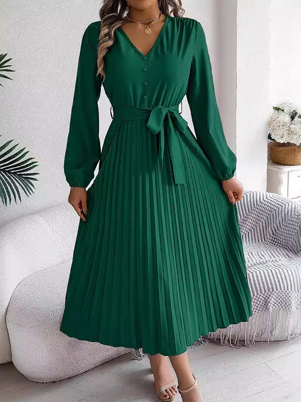 Belted Buttoned Pleated Solid Color High Waisted Long Sleeves V-Neck Maxi Dresses