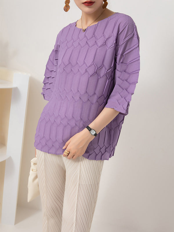 Original Loose Half Sleeves Pleated Solid Color Round-Neck T-Shirts Tops