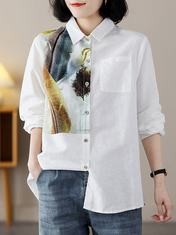 Contrast Color Feathers Printed Long Sleeves Loose Lapel Blouses