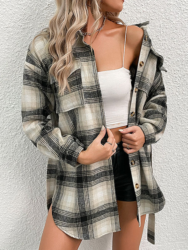 Pleated Pockets Split-Joint Tied Waist Long Sleeves Loose Lapel Blouses&Shirts Tops