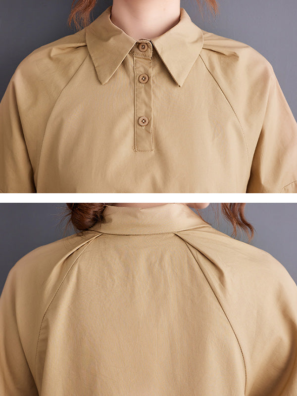 Simple Half Sleeves Loose Solid Color Lapel Collar Midi Dresses