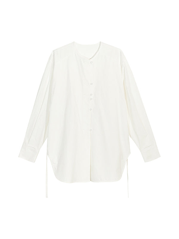 Buttoned Solid Color Tied Long Sleeves Loose Round-Neck Blouses&Shirts Tops