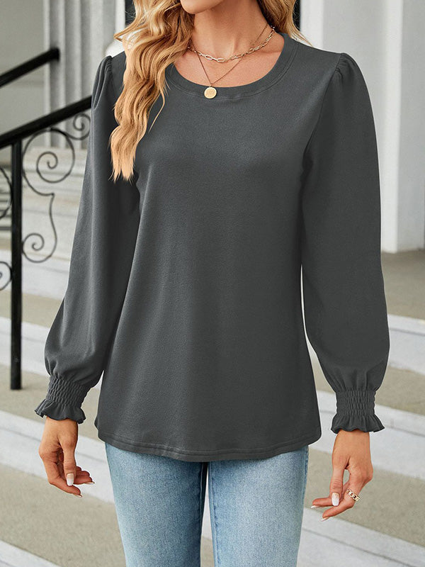 Elasticity Solid Color Long Sleeves Loose Round-Neck T-Shirts Tops
