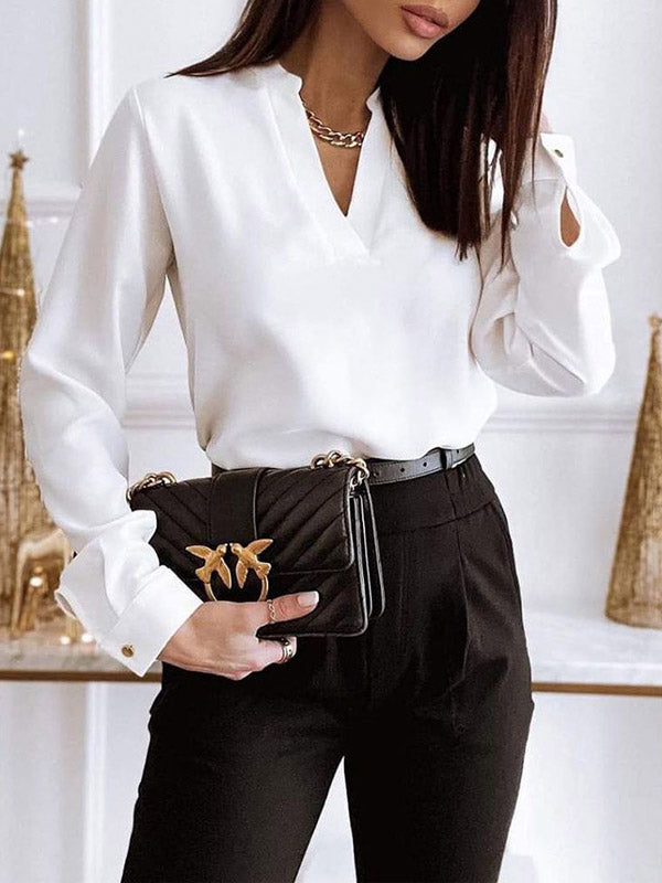Solid Color Long Sleeves Loose V-neck Blouses&shirts Tops