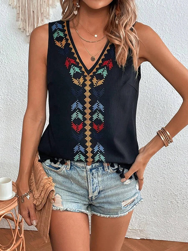 Embroidered Tasseled Loose Sleeveless V-Neck Vest Top