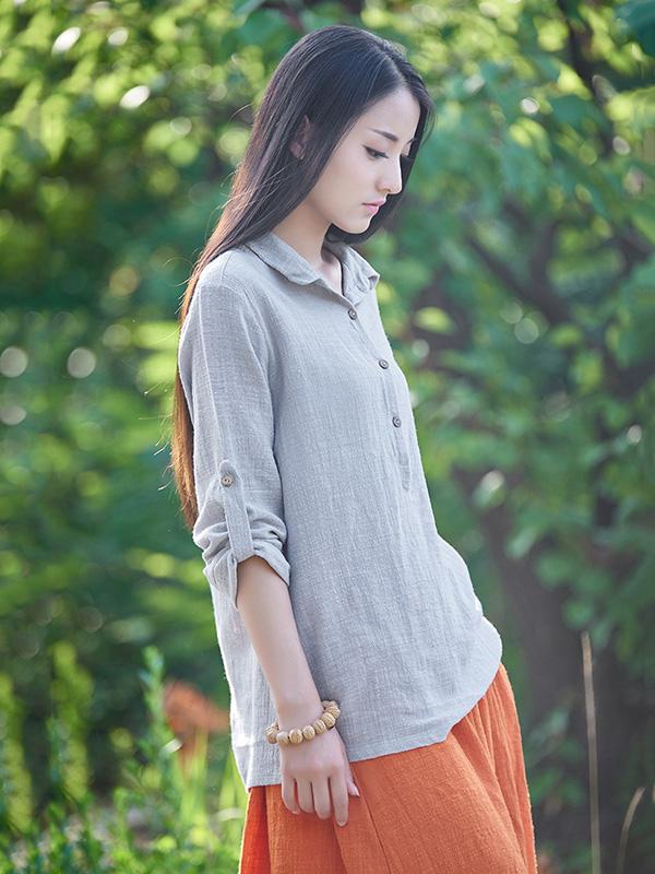 White&Gray&Beige Lapel Ramie Cotton T-shirt