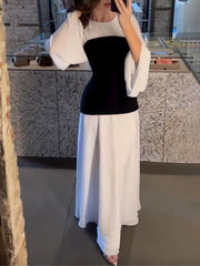 Flared Sleeves Contrast Color Round-Neck Maxi Dresses
