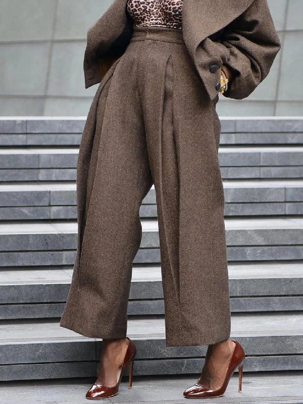 Long Sleeves Pleated Solid Color Notched Collar Outerwear Top + Pants Bottom Two Pieces Set