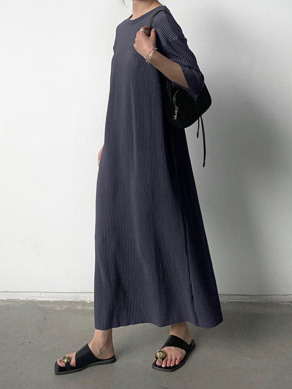 Pleated Solid Color Half Sleeves Loose Round-Neck Midi Dresses