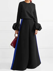 Contrast Color Split-Joint High Waisted Wide Leg Trousers Pants