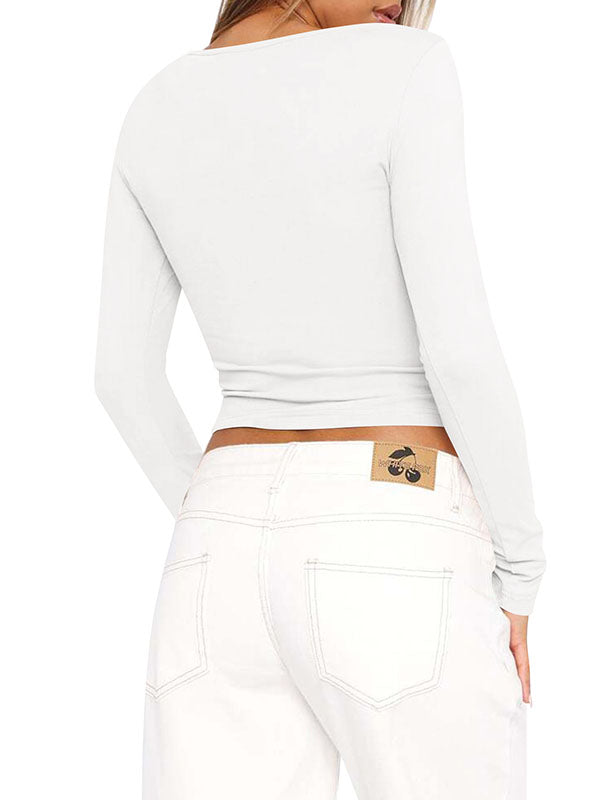 Solid Color Split-Joint Long Sleeves Skinny Round-neck T-Shirts Tops