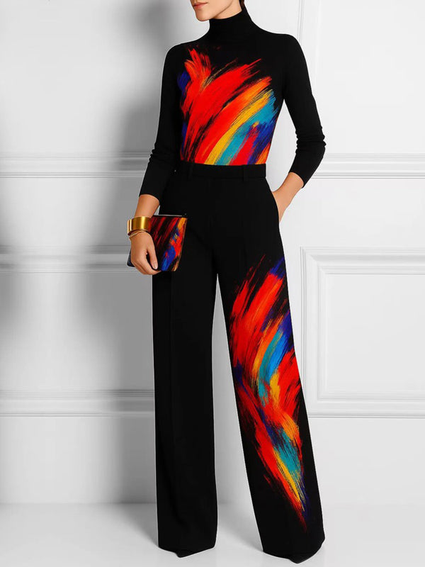 Contrast Color Pockets Printed Wide Leg Trousers Pants