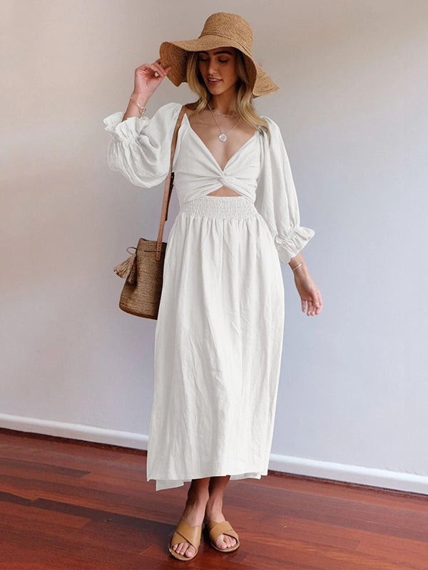 Original A-Line Loose Hollow Solid Color V-Neck Midi Dresses