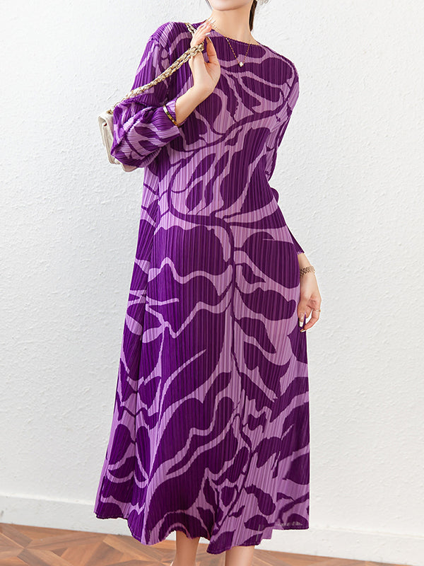 Floral Printed Pleated Long Sleeves Midi Dress