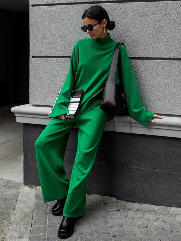 Casual Solid Color Irregularity High-Neck Sweater& Wide Leg Pants Suits