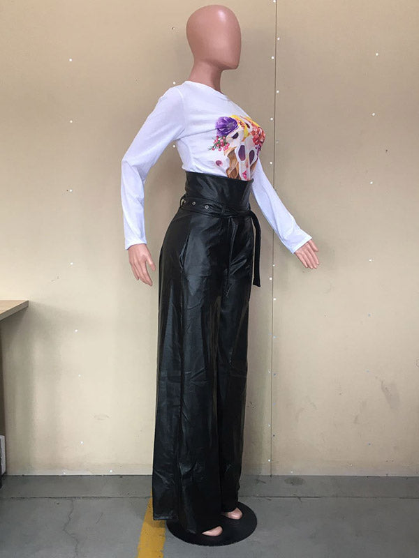 Belted Solid Color Zipper High Waisted Wide Leg Trousers Pants