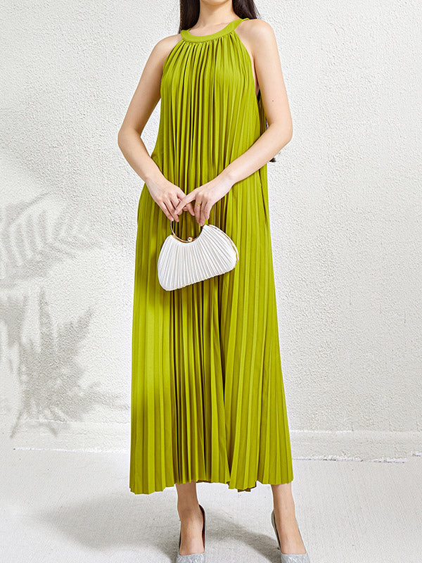 Hollow Pleated Pockets Solid Color Loose Sleeveless Halter-Neck Maxi Dresses