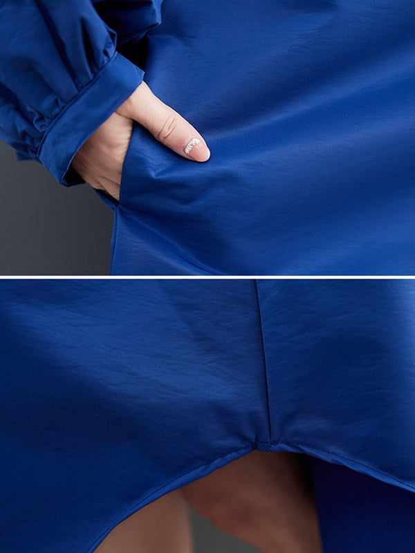 Loose Puff Sleeves Solid Color Stand Collar Midi Dresses