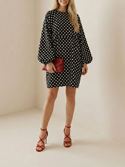 Loose Puff Sleeves Pleated Polka-Dot Split-Joint High Neck Mini Dresses Shirt Dress