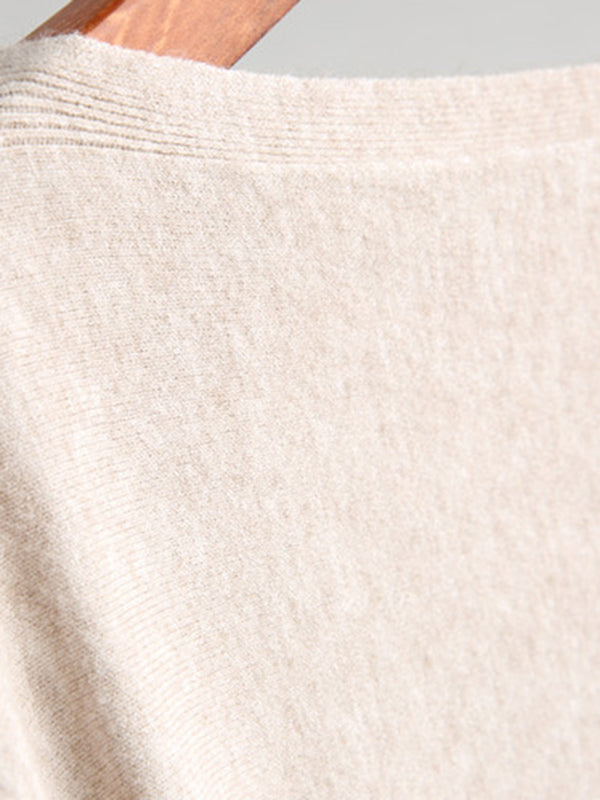 Solid Color Batwing Sleeves High-Low Boat Neck Sweater Pullovers Knitwear