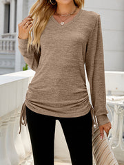 Drawstring Solid Color Tied Long Sleeves Loose V-Neck T-Shirts Tops