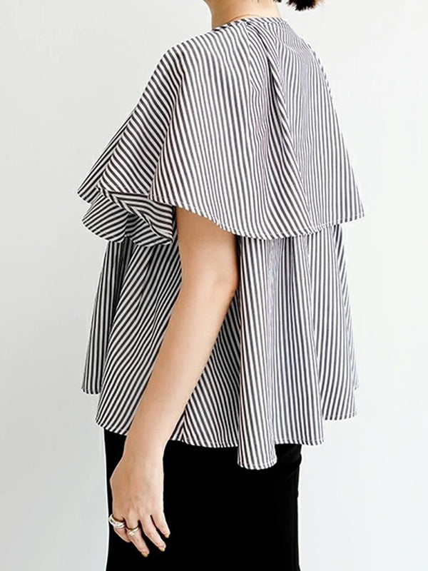 Falbala Loose Short Sleeves Round-neck Blouses&shirts Tops