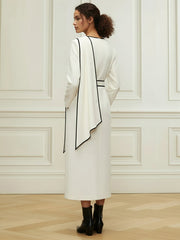 Long Sleeves Minimalist Belted Comfort Contrast Color Round-Neck Midi Dresses