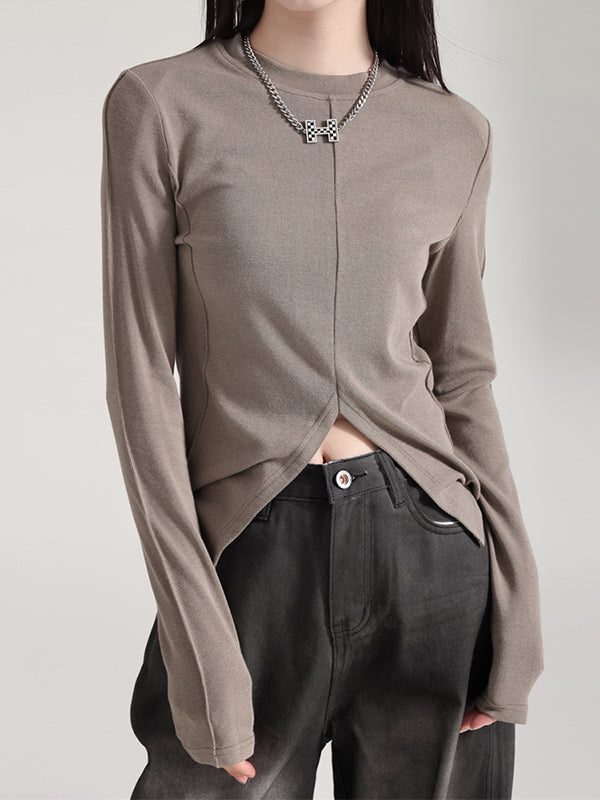 Solid Color Split-front Long Sleeves Skinny Round-neck T-Shirts Tops