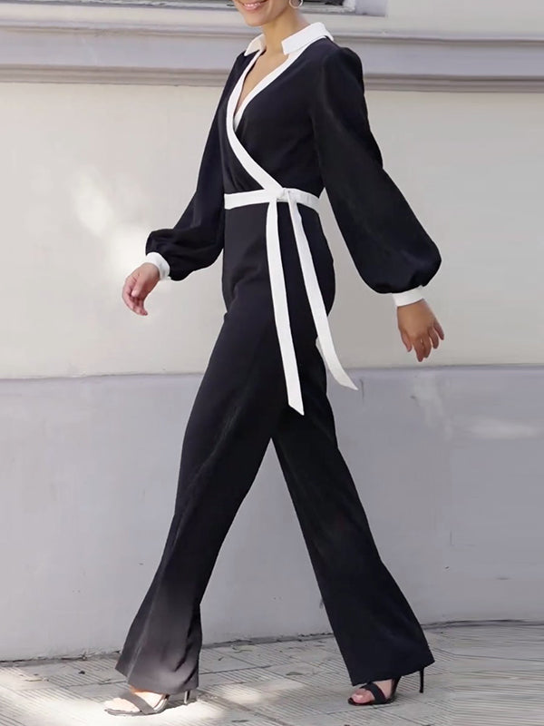 Contrast Color Tied Long Sleeves Loose Deep V-Neck Jumpsuits