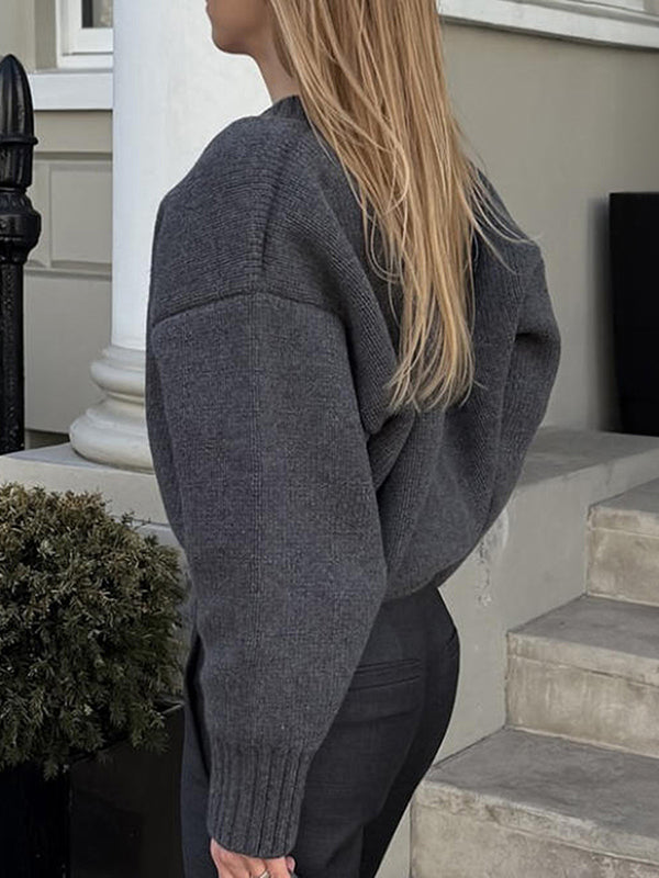 Ribs Solid Color Long Sleeves Loose V-Neck Sweater Tops