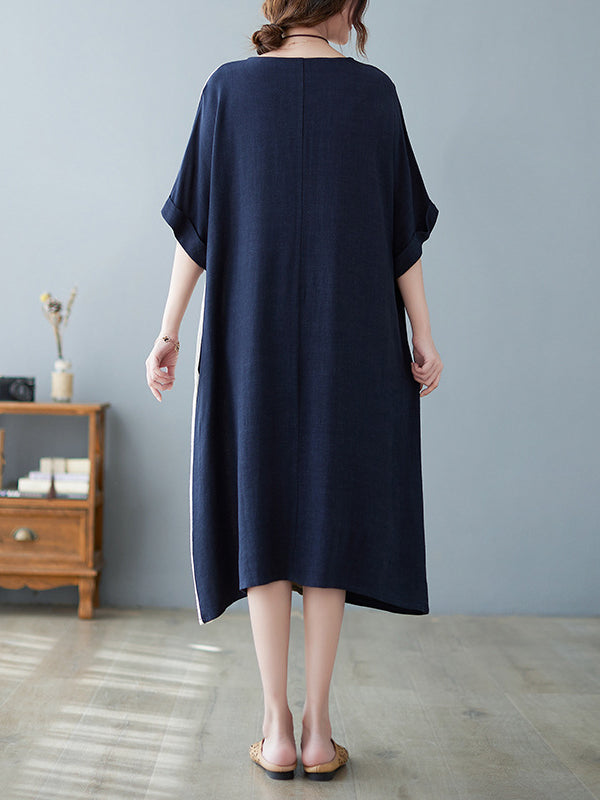 Contrast Color Half Sleeves Loose Round-neck Midi Dresses